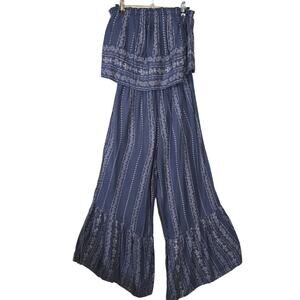 Japna Floral Strapless Boho Wide Leg Jumpsuit Ruffle Hem Blue White Size Small
